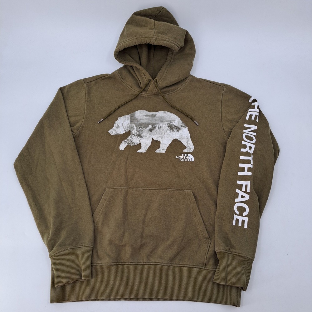 The North Face Bear Graphic Hoodie Mens Small Cotton Olive Green Pullover